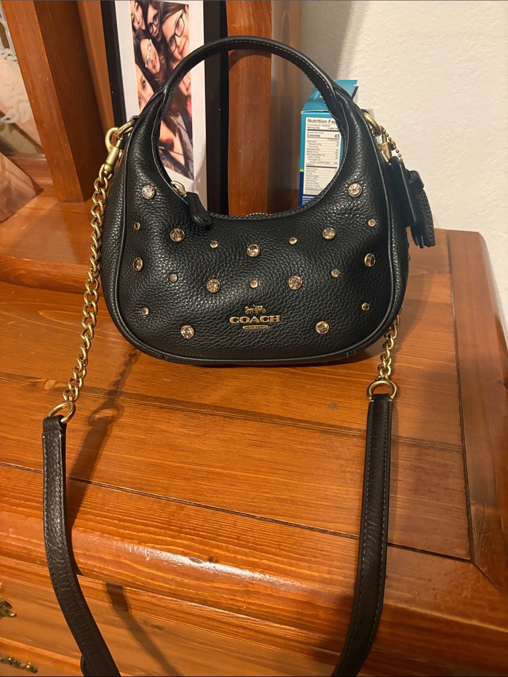 Coach Black Pebbled Leather Shoulder Bag with Gold Stud Accents